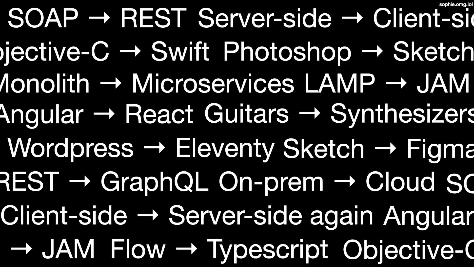 The slide is covered in words, with arrows pointing from one to the next. Monoliths to microservices; photoshop to sketch; wordpress to eleventy; client-side to server-side again; guitars to synthesizers.