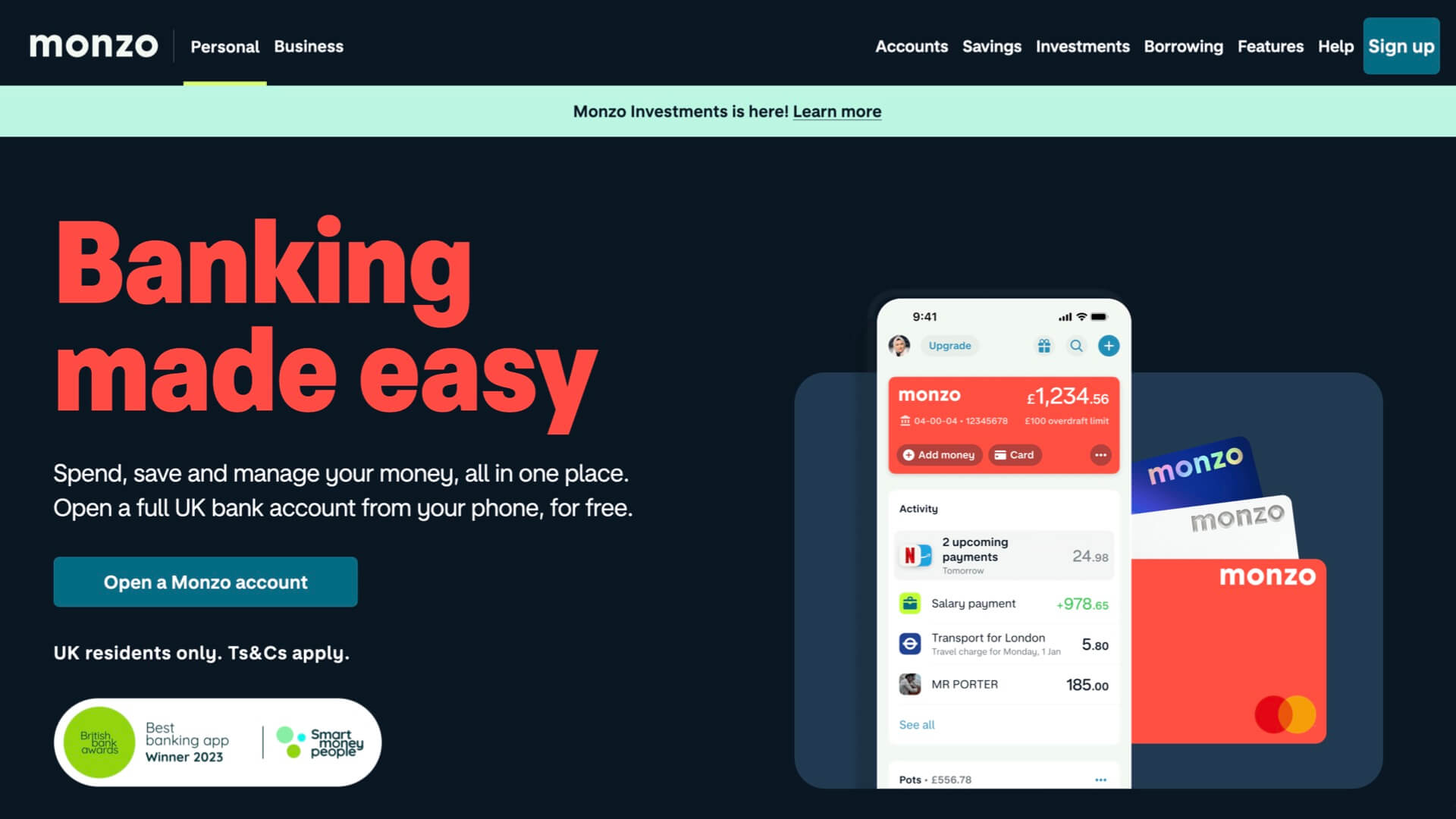 A screenshot of the Monzo homepage. It says 'Banking made easy'. Spend, save and manage your money all in one place. Open a full UK bank account from your phone, for free. Best banking app winner 2023'