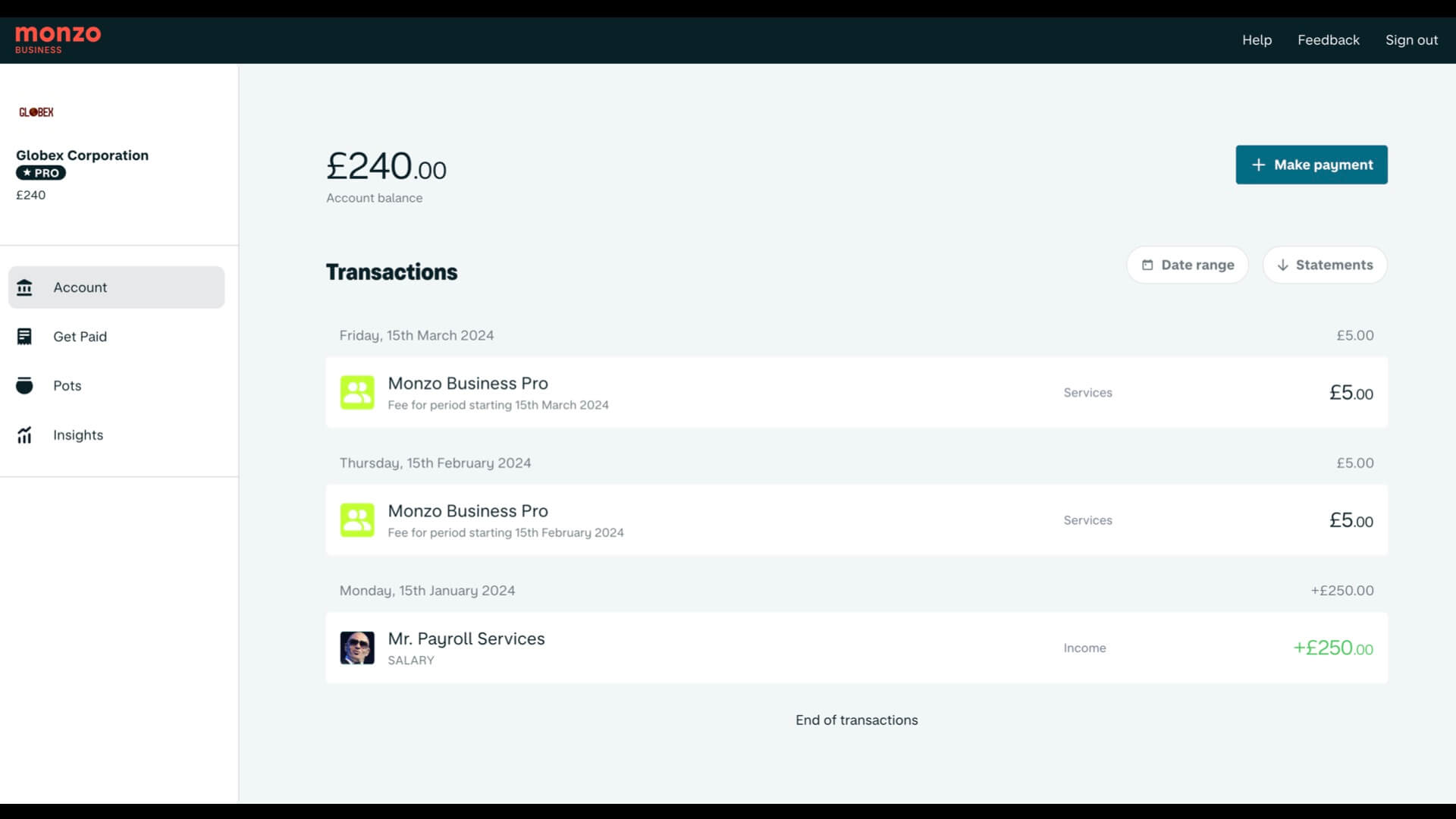 A photograph of an internet banking app. The menu options on the left are Account, Get Paid, Pots, Insights. There is a button that says 'Make Payment'.