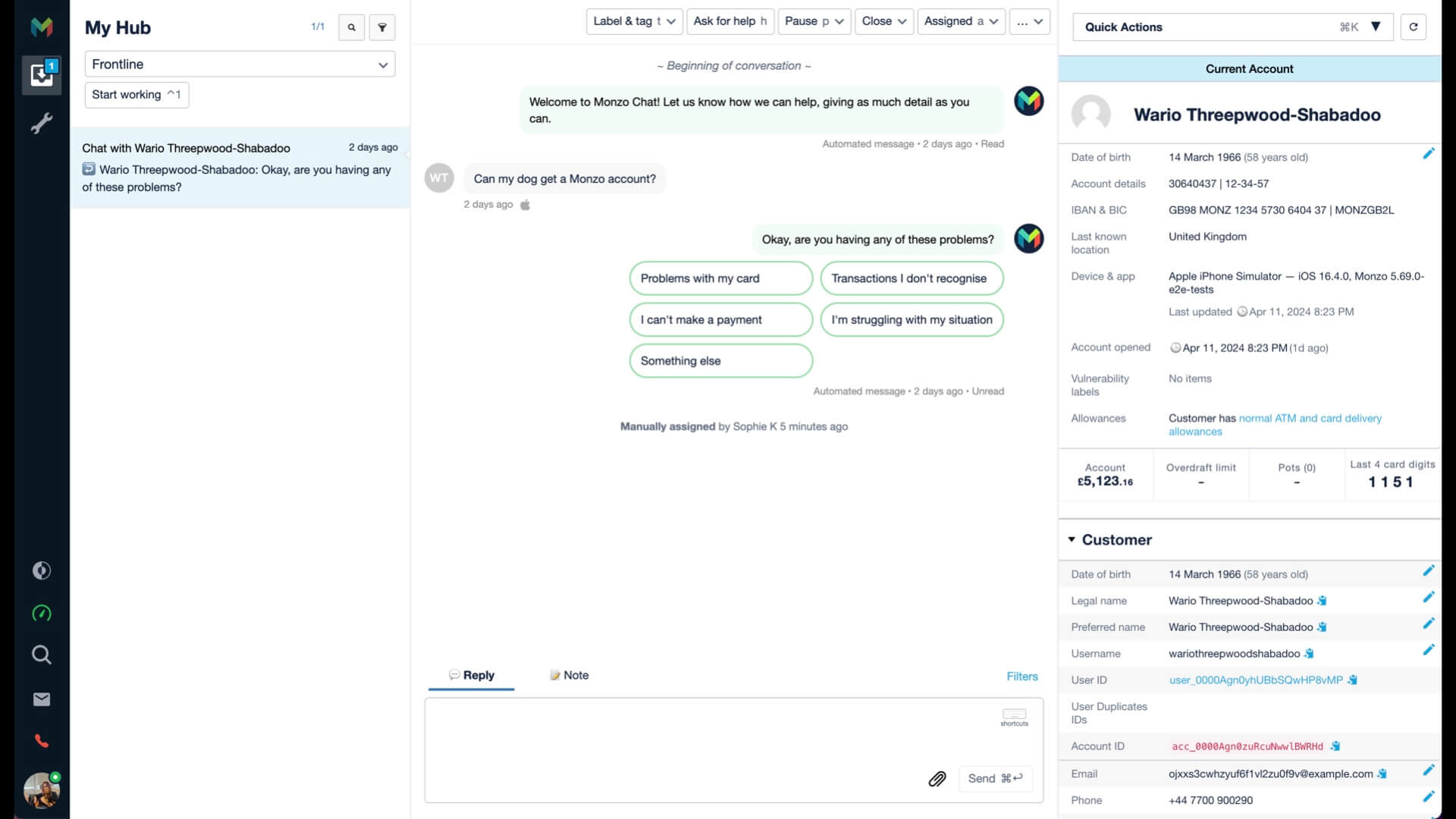 A screenshot of our customer service system. In the centre is a chat between a customer and the automated welcome message. The customer says 'can my dog get a monzo account?'