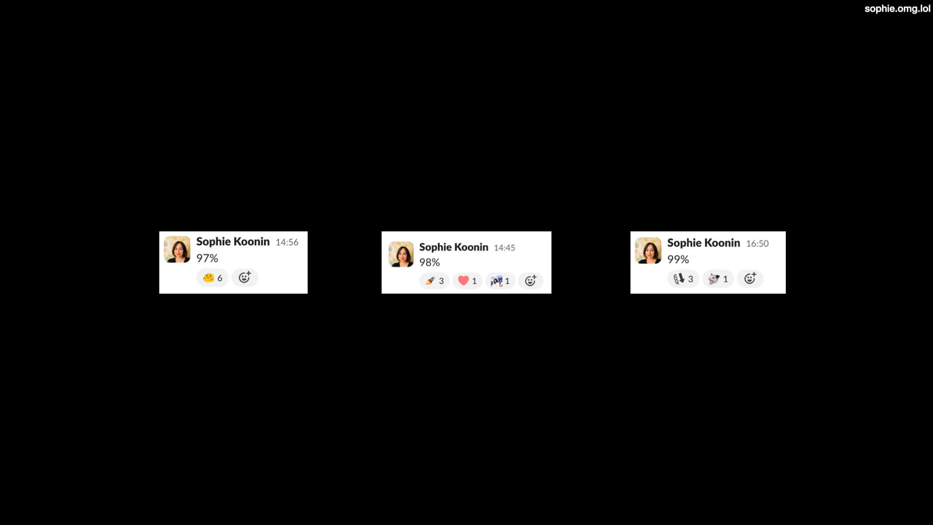 Screenshots of my posts on Slack saying 97%, 98%, 99% with excited emoji reactions.