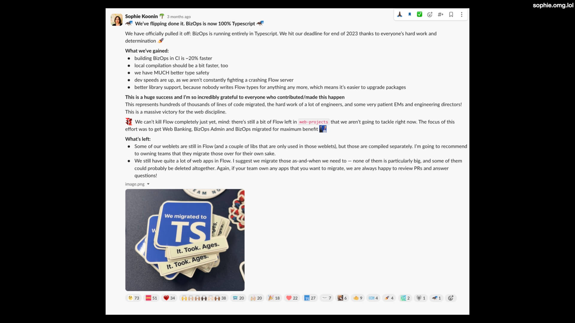 A screenshot of a long Slack post announcing BizOps is now 100% Typescript and listing out what we've gained. I'm also thanking everyone who took part and helped.