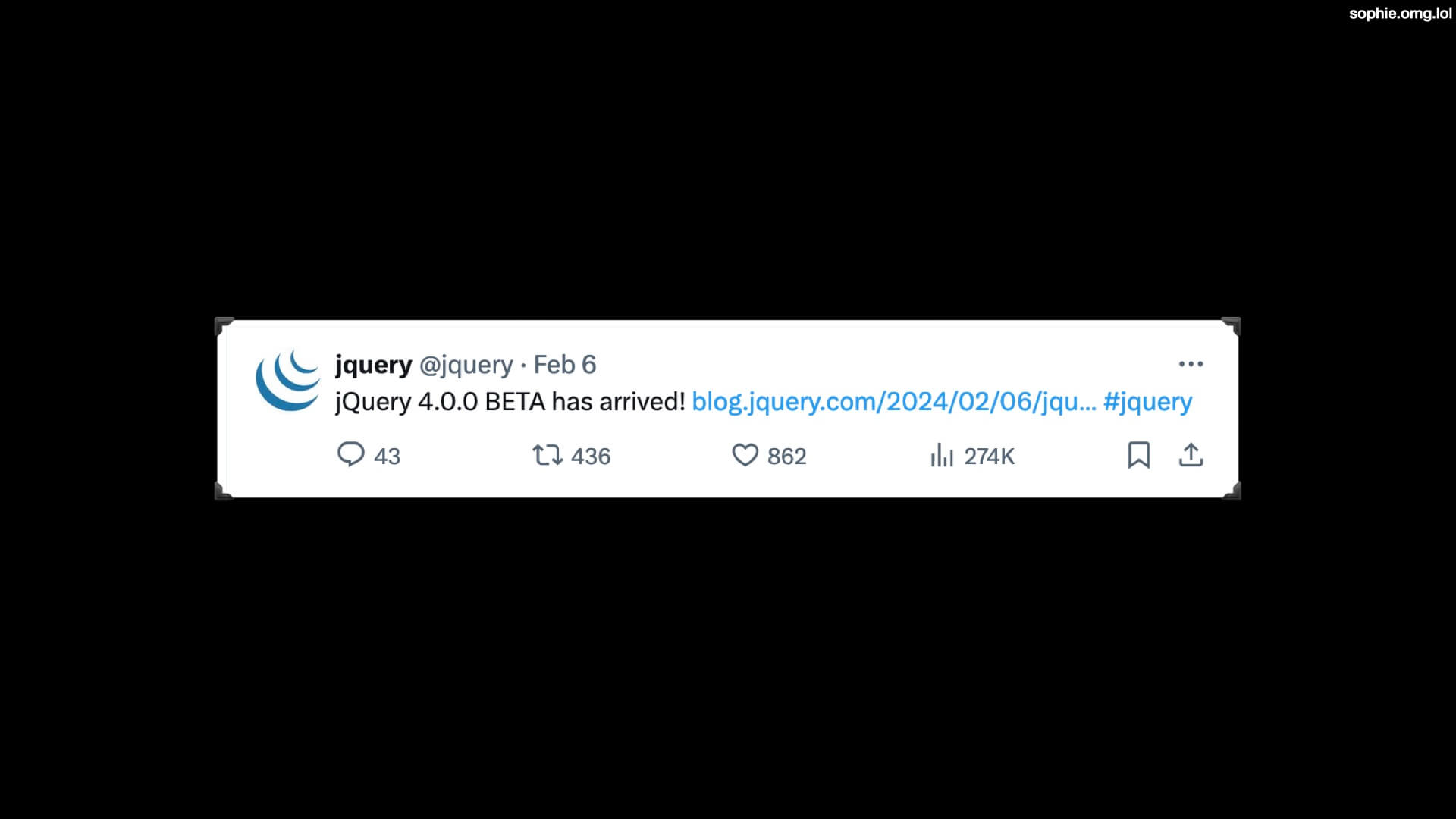 A screenshot of a tweet from @jquery on Feb 6, saying 'jQuery 4.0.0 BETA has arrived!'